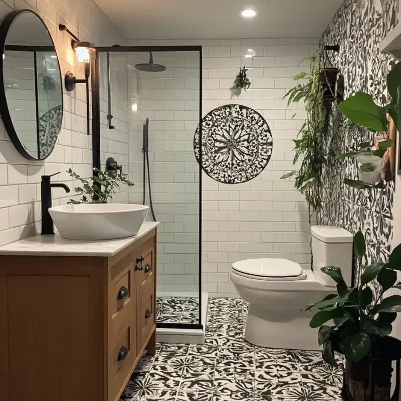 Bathroom remodel with patterned tile and walk-in shower