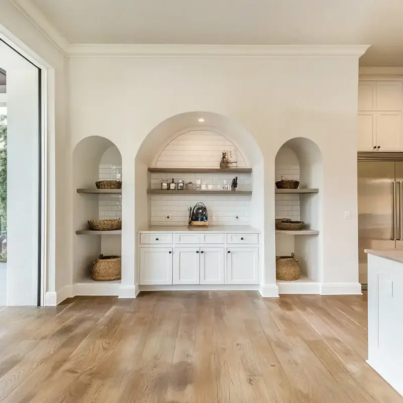 Custom built-in cabinetry with arched alcoves and hardwood floors