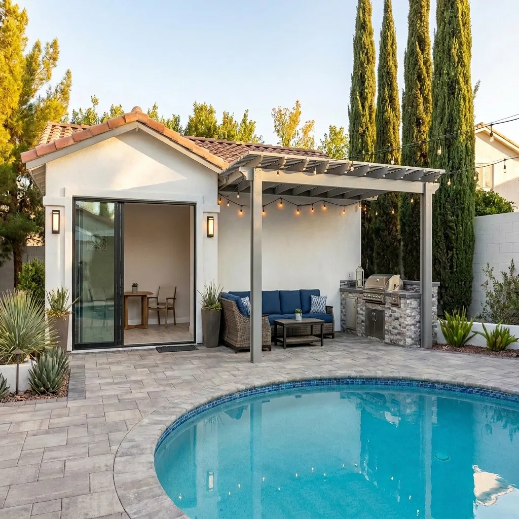 Detached Las Vegas ADU with tile roof, pergola-covered patio, outdoor kitchen, and poolside pavers