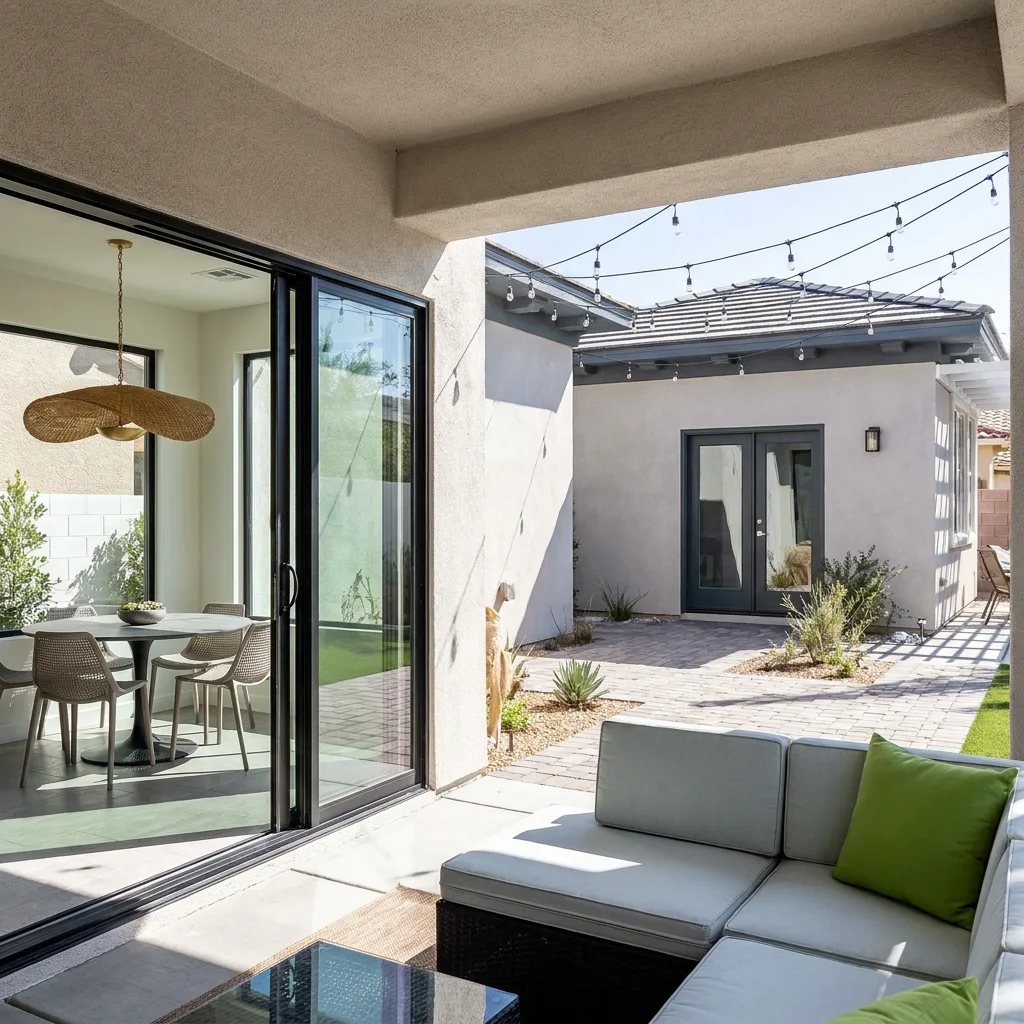 Las Vegas ADU with sliding glass doors opening to a covered patio with string lights and lounge seating