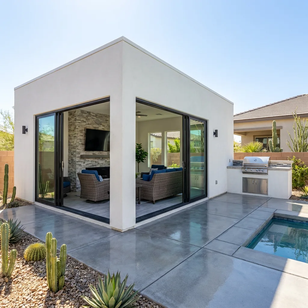 Modern flat-roof Las Vegas ADU with folding glass walls, stacked-stone fireplace, and desert landscaping