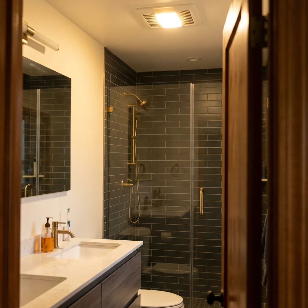 Las Vegas bathroom remodel with charcoal subway-tile shower, brass fixtures, and quartz double vanity