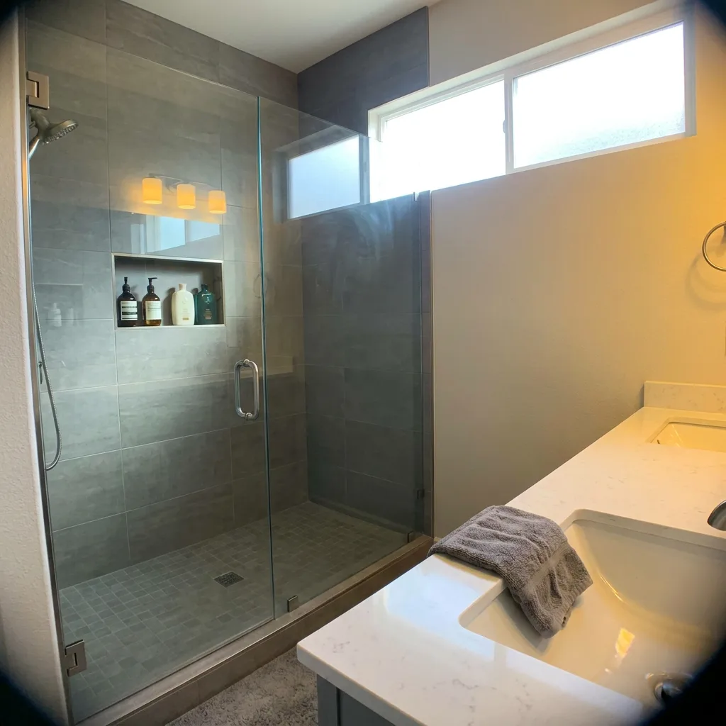 Remodeled Las Vegas bathroom with gray tile walk-in shower, recessed niche, and quartz vanity
