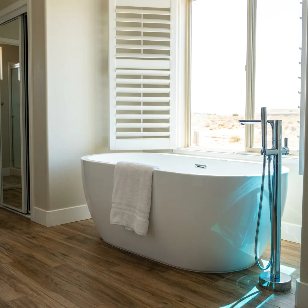 Las Vegas bathroom remodel with freestanding soaking tub, floor-mounted filler, and wood-look flooring