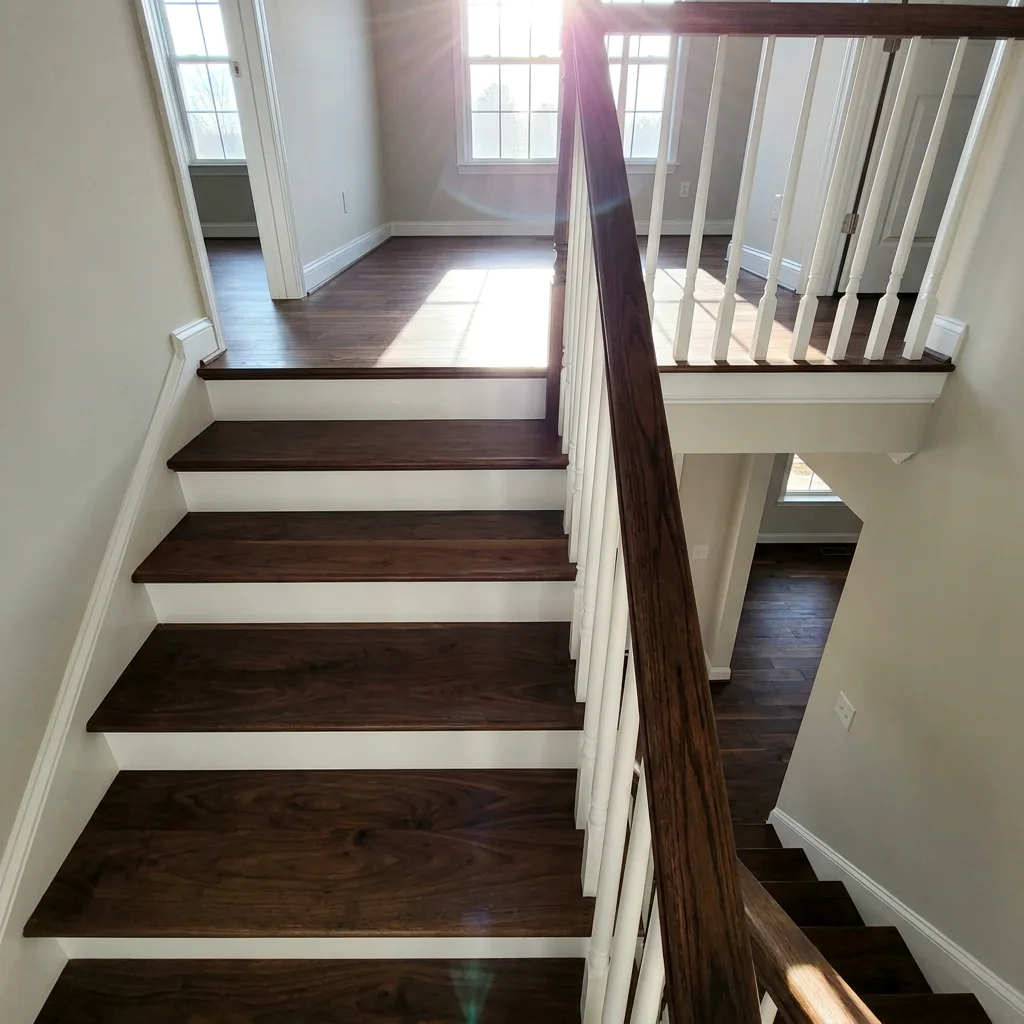 Dark hardwood staircase and second-floor landing installed in a Las Vegas home
