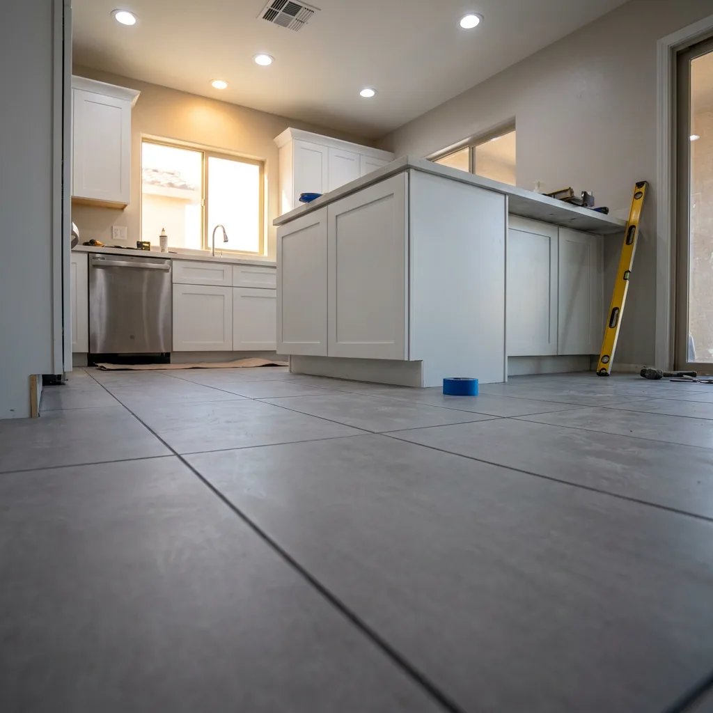 Large-format gray tile flooring installed in a Las Vegas kitchen