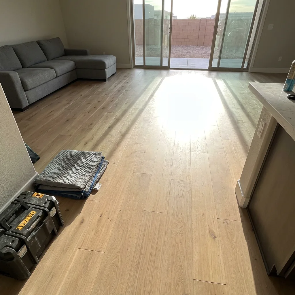 Light oak luxury vinyl plank flooring installed in a Las Vegas living room