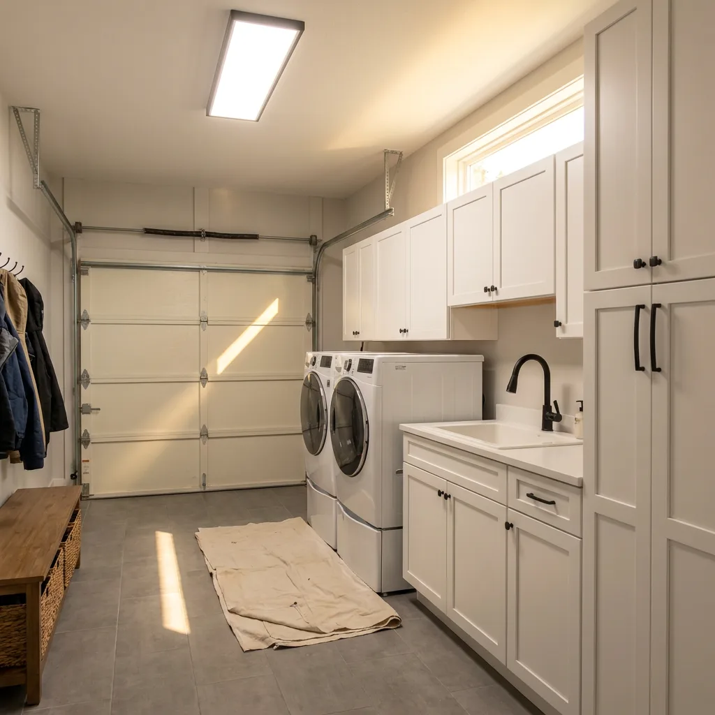 Garage converted into a Las Vegas laundry and mudroom with white shaker cabinets and tile floor