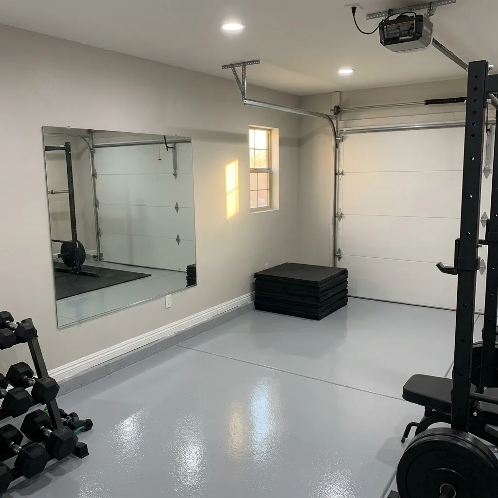 Garage converted into a Las Vegas home gym with epoxy floor, mirror wall, and weight equipment