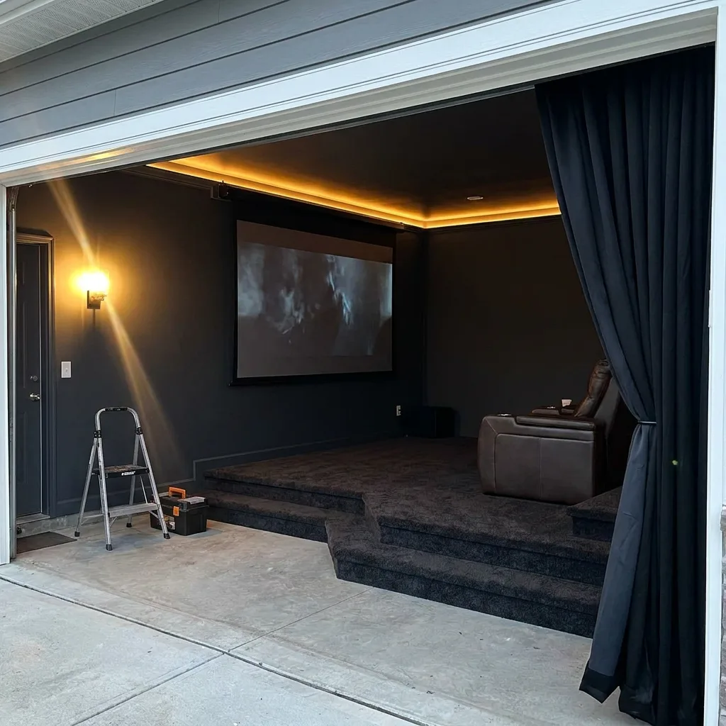 Garage converted into a Las Vegas home theater with tiered carpeted seating and projector screen