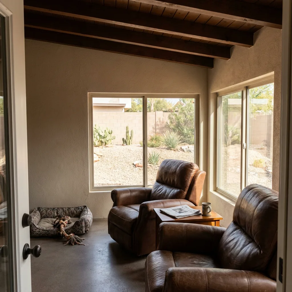 Home addition sunroom with exposed wood beam ceiling and large windows overlooking a Las Vegas desert yard