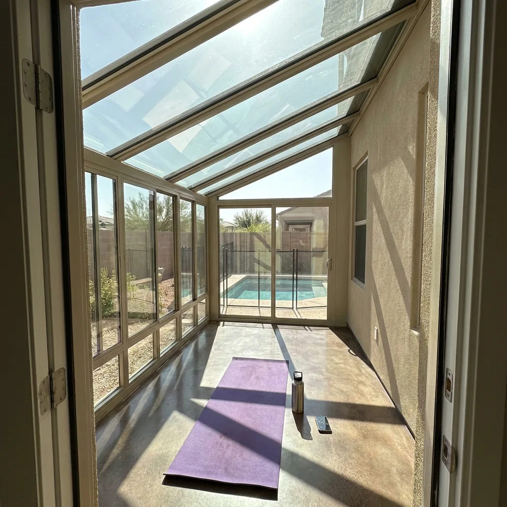 Glass-roof sunroom addition with poolside views used as a Las Vegas home yoga studio