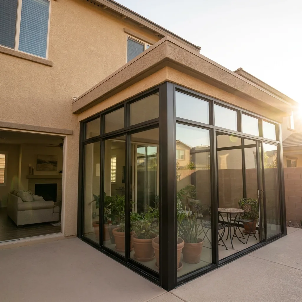 Exterior of a black-framed glass sunroom addition built onto a two-story Las Vegas home