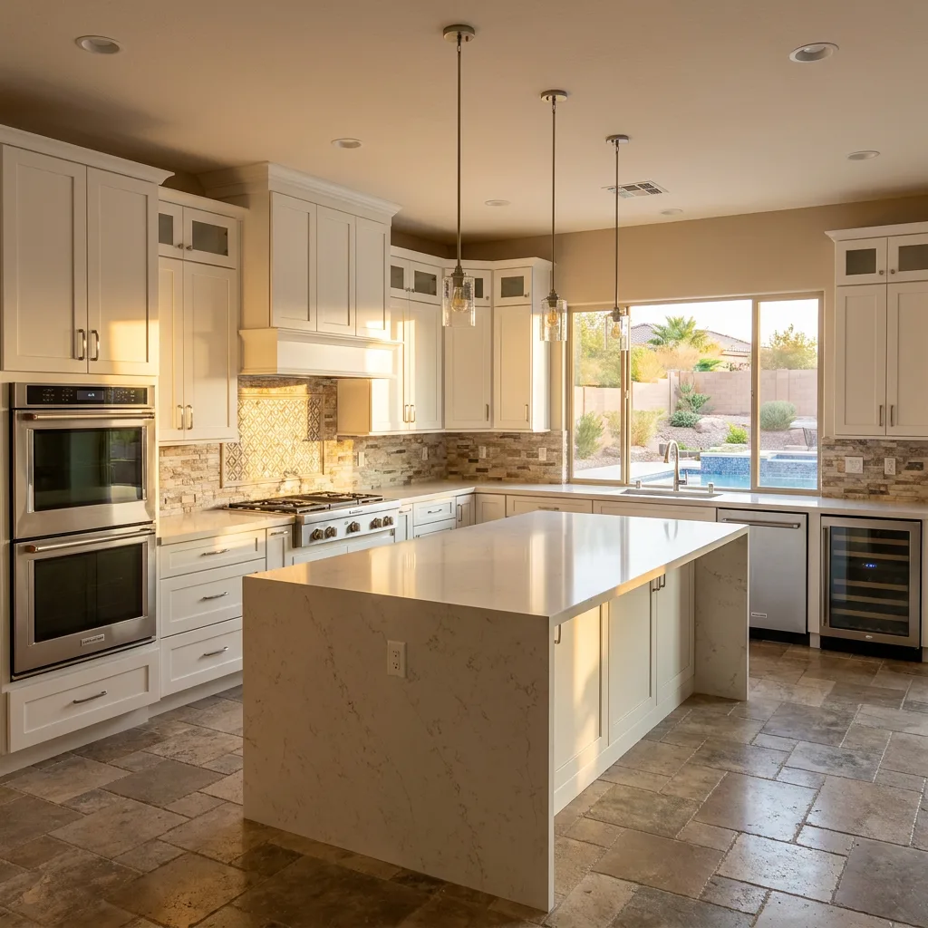 Las Vegas kitchen remodel with white shaker cabinets, waterfall marble island, and travertine flooring