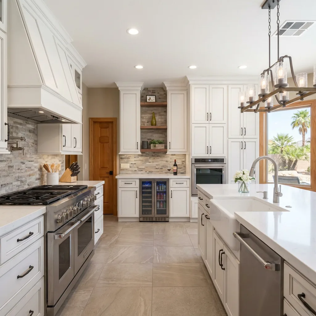 Custom Las Vegas kitchen remodel with stainless range, stone backsplash, and farmhouse sink