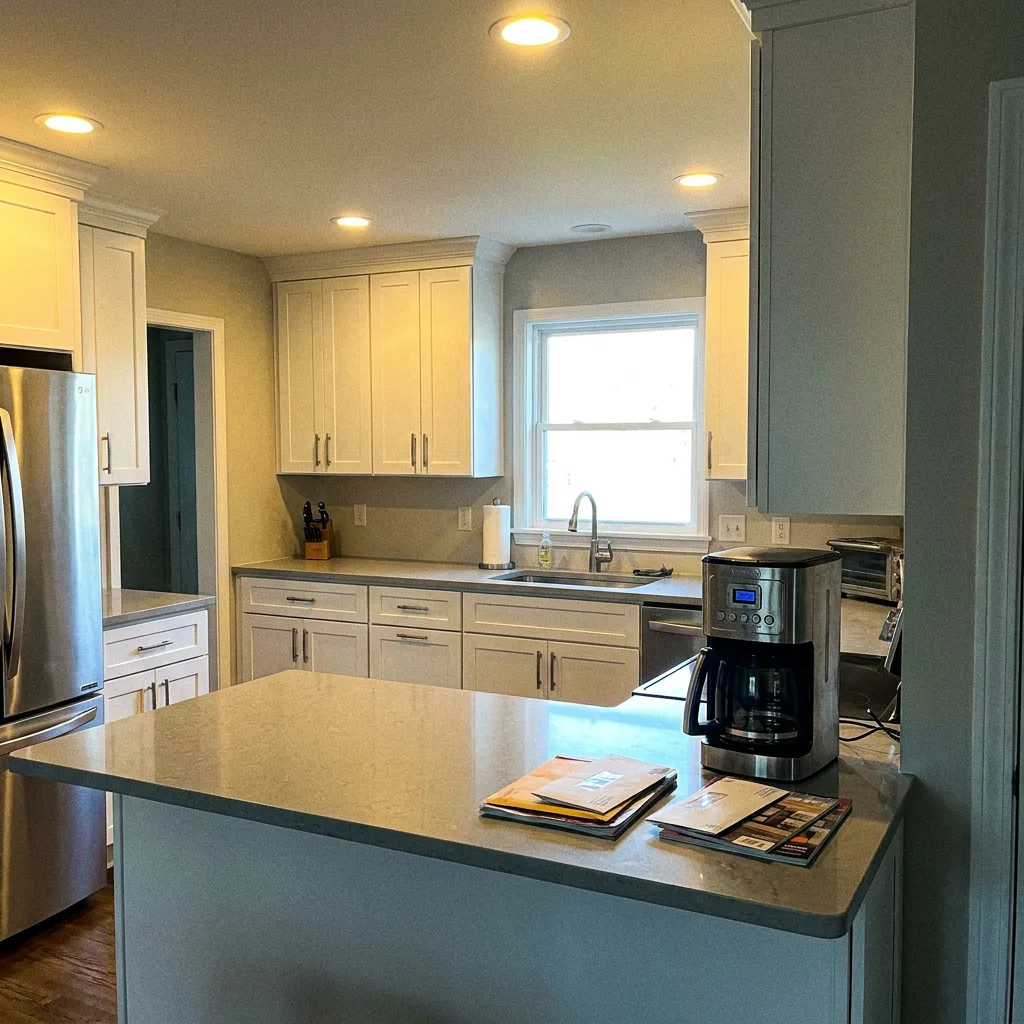 Updated kitchen remodel with shaker cabinets, quartz peninsula, and stainless appliances