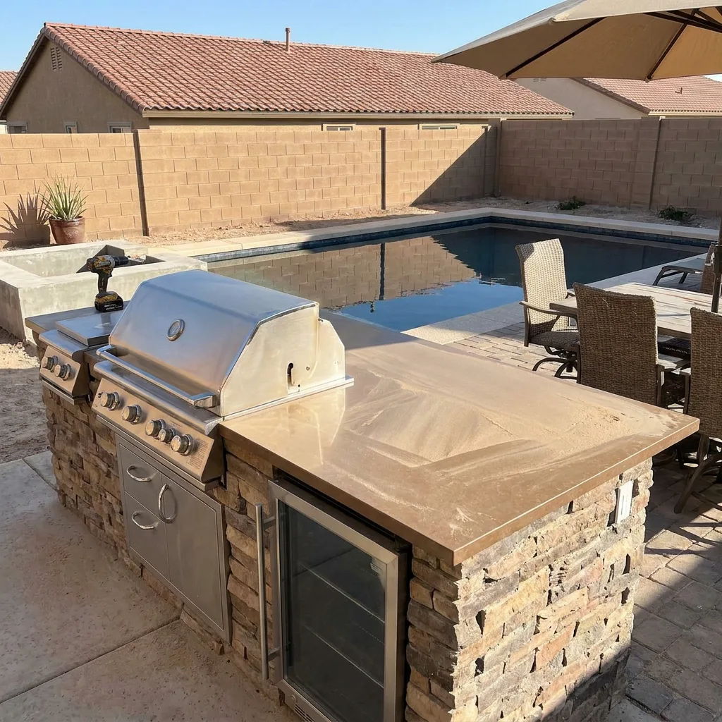Stacked-stone outdoor kitchen with built-in grill beside a pool in a Las Vegas backyard