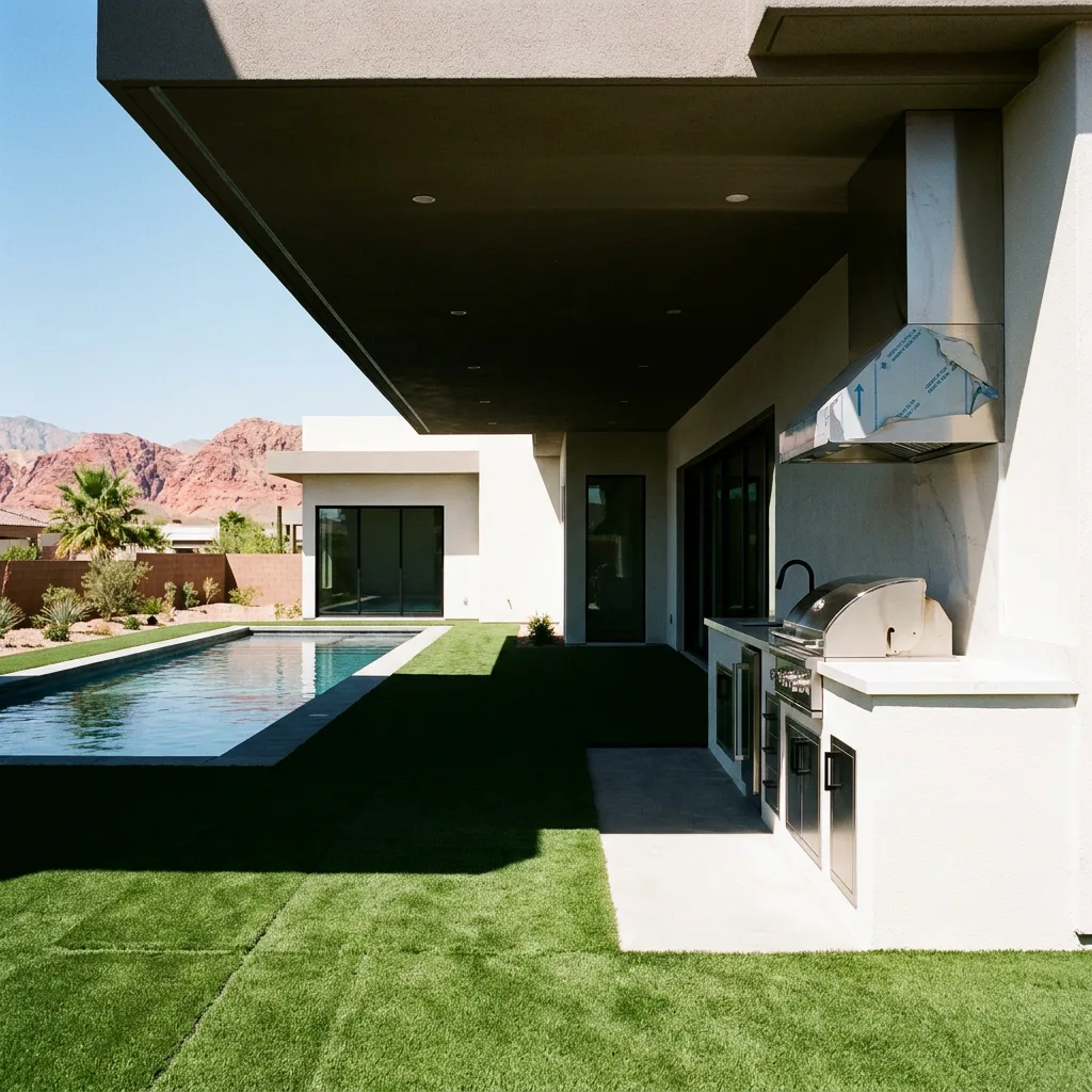 Modern covered patio with built-in grill, artificial turf, and pool framed by Red Rock mountain views