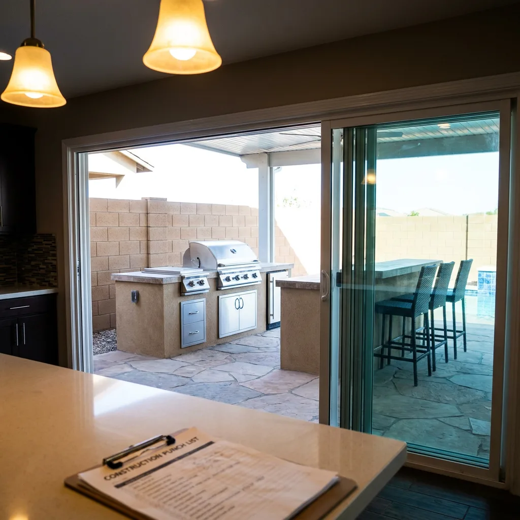 Covered outdoor kitchen and flagstone patio with poolside bar seating in a Las Vegas backyard