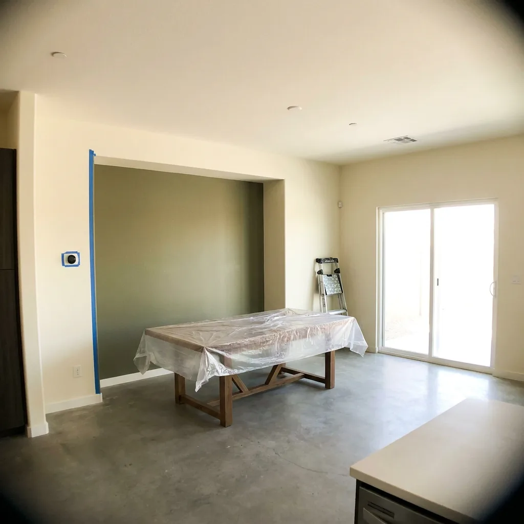 Open-concept Las Vegas living area with a freshly painted sage-green accent wall