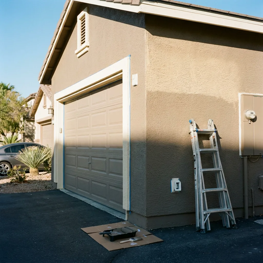 Exterior stucco repaint in progress on a Las Vegas home with taped garage and ladder