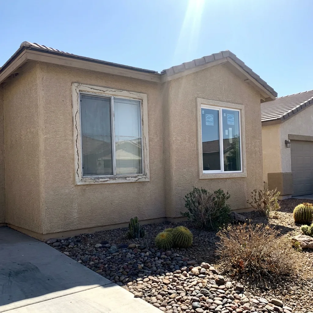 Newly installed Energy Star windows on the stucco exterior of a Las Vegas home