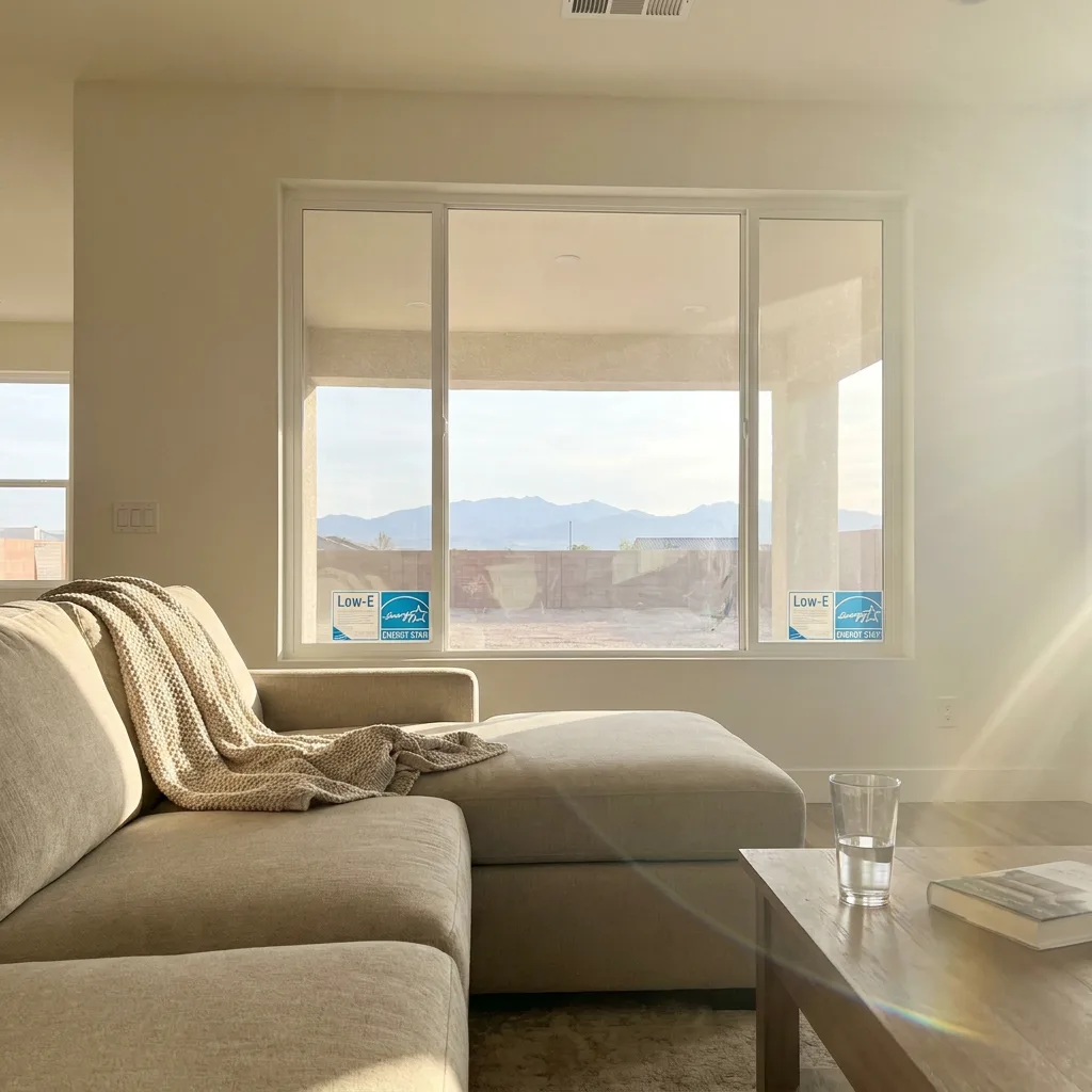 Large low-E picture window framing mountain views in a Las Vegas living room