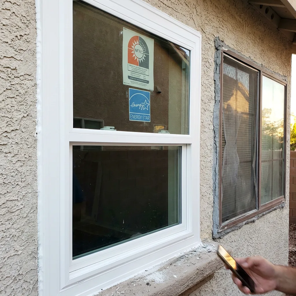 New white vinyl single-hung window installed beside an old aluminum window during a Las Vegas replacement